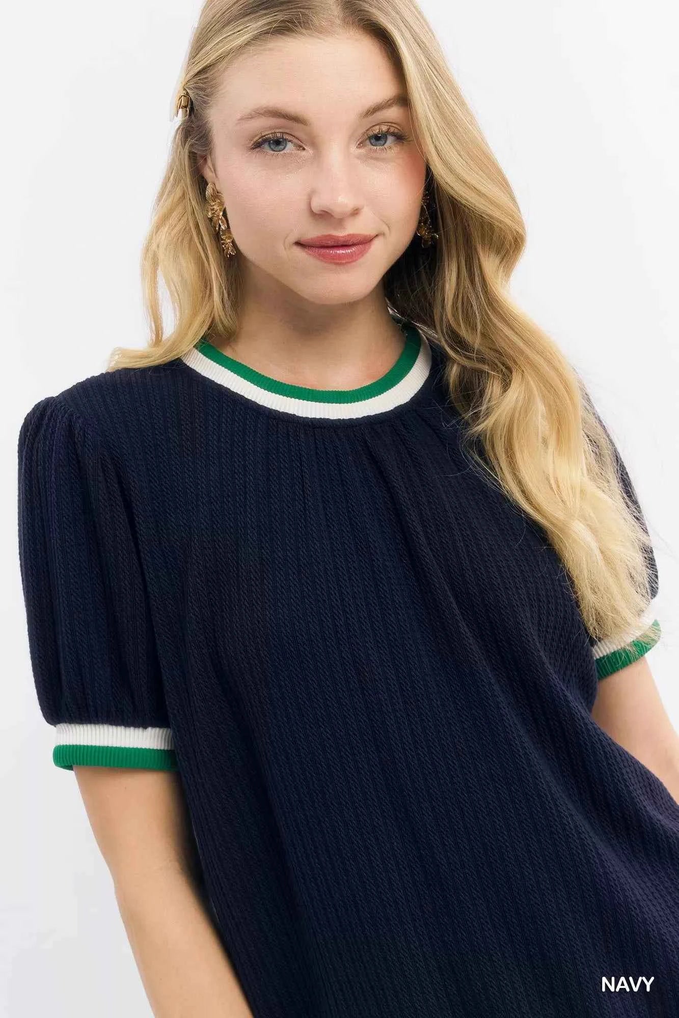 Umgee Puff Sleeve Knit Top with Contrast Rib Trim