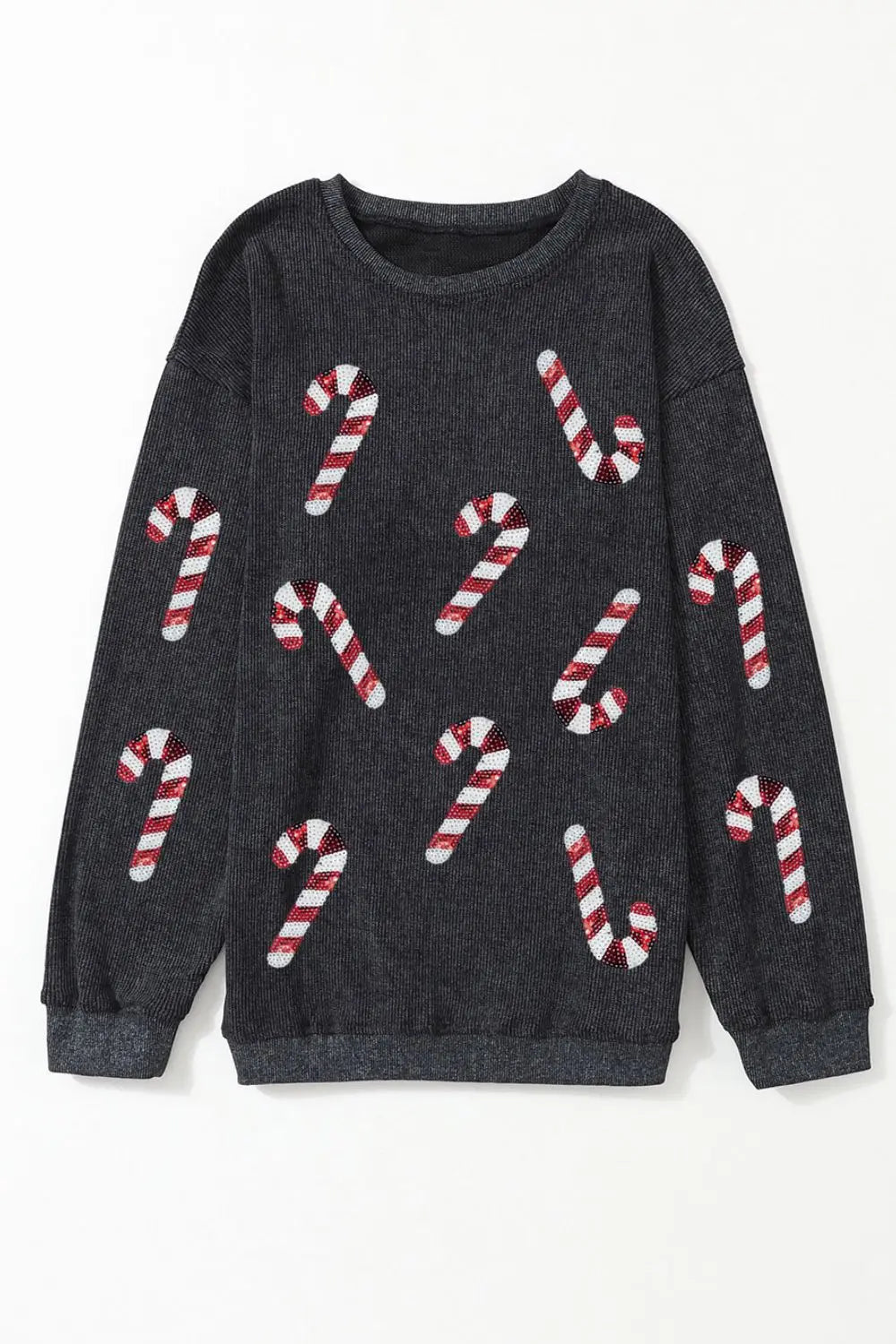 Sequin Candy Cane Round Neck Sweatshirt - DANCING WITH CLOTHES