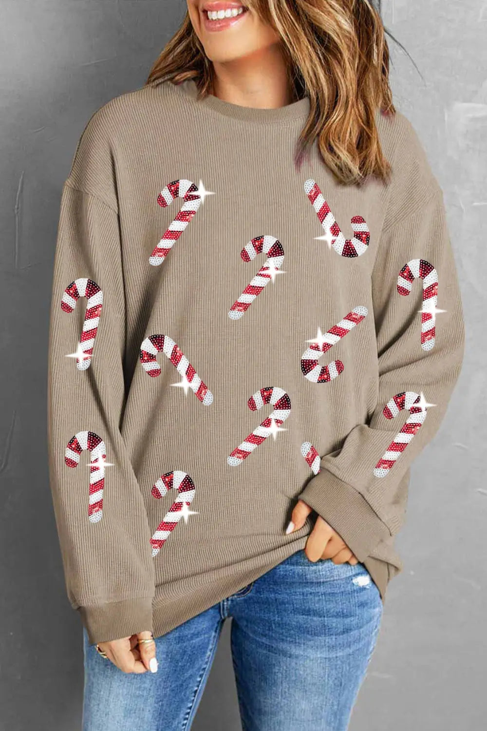 Sequin Candy Cane Round Neck Sweatshirt - DANCING WITH CLOTHES