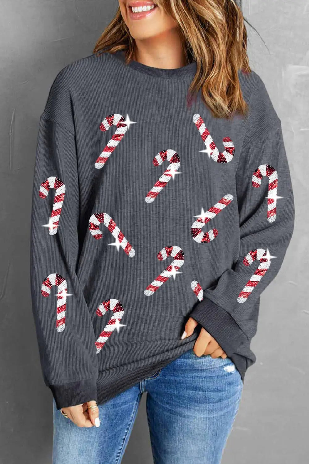 Sequin Candy Cane Round Neck Sweatshirt - DANCING WITH CLOTHES