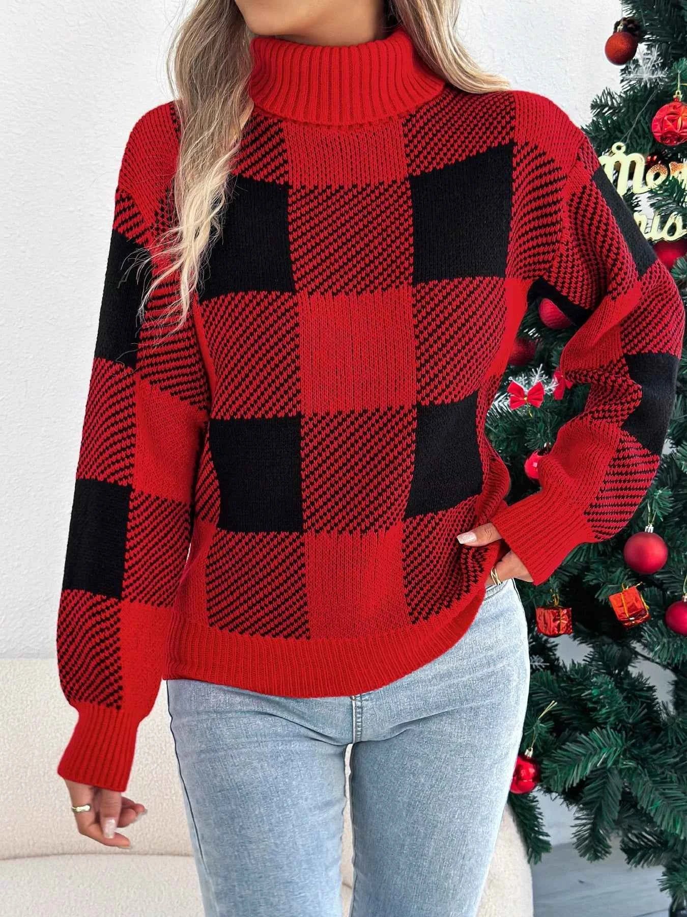Christmas Plaid Turtleneck Sweater for Festive Comfort and Style