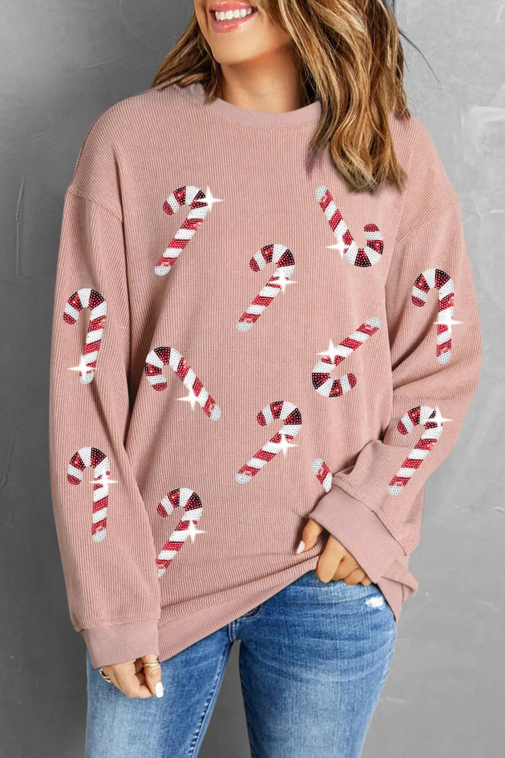 Sequin Candy Cane Round Neck Sweatshirt - DANCING WITH CLOTHES