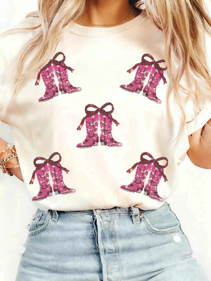 Sequined Cowgirl Boots Patched Custom Print T Shirt