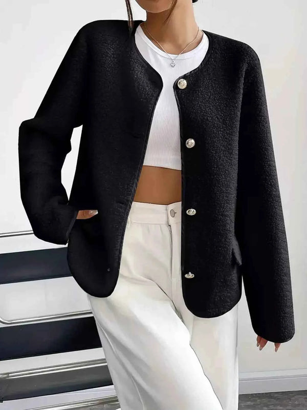 Full Size Textured Button-Up Fleece Outerwear Plus Size