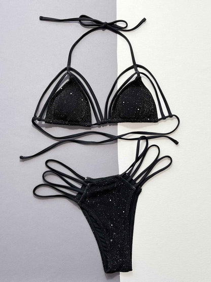 Glitter Halter Neck Bikini Set: Strappy Two-Piece for a Stunning Beach Look