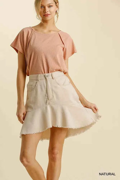 Umgee Linen Blend High Low Skirt with 5 Pockets and Frayed Hem