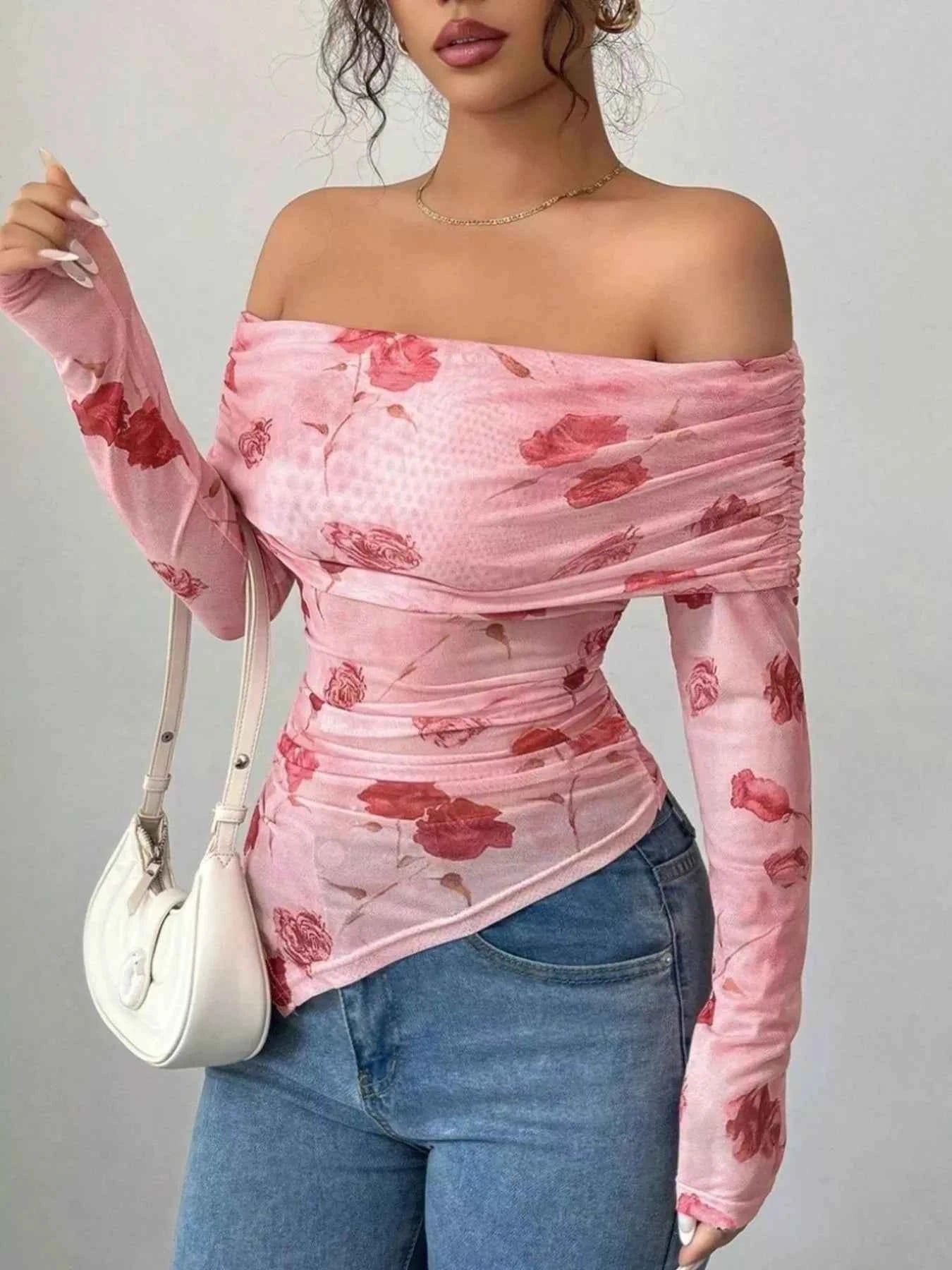 Floral Print Off-Shoulder Mesh Top