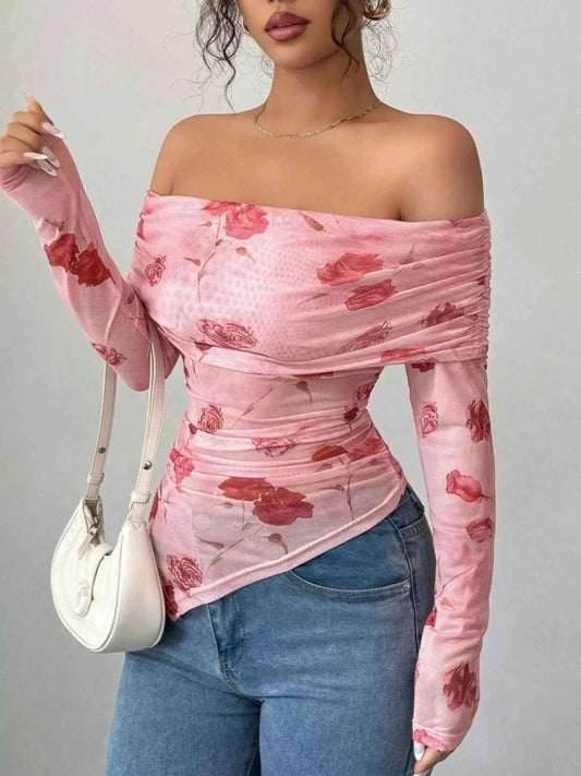 Floral Print Off-Shoulder Mesh Top