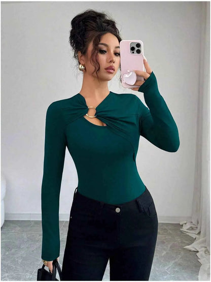 Twist Front Ring Detail Long Sleeve T-Shirt