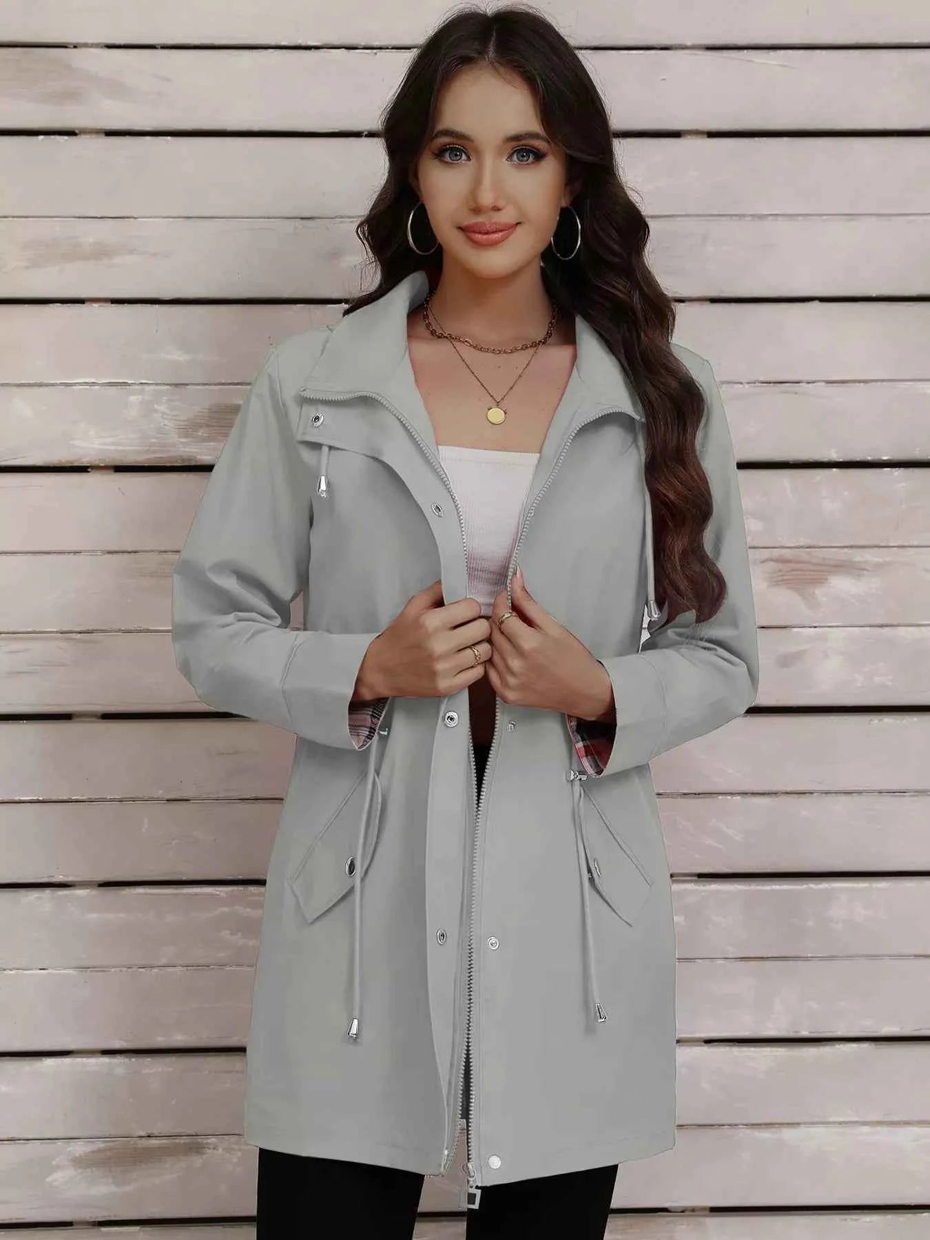 Drawstring Snap-Down Trench Coat