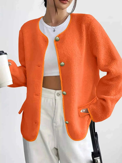 Full Size Textured Button-Up Fleece Outerwear Plus Size