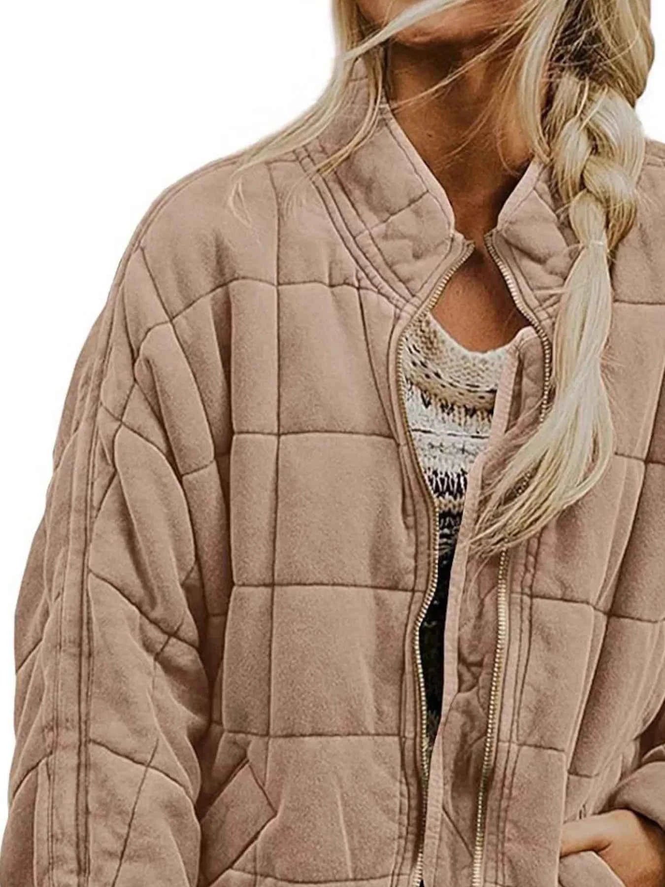 Full Size Zip Up Quilted Bomber Jacket Plus Size