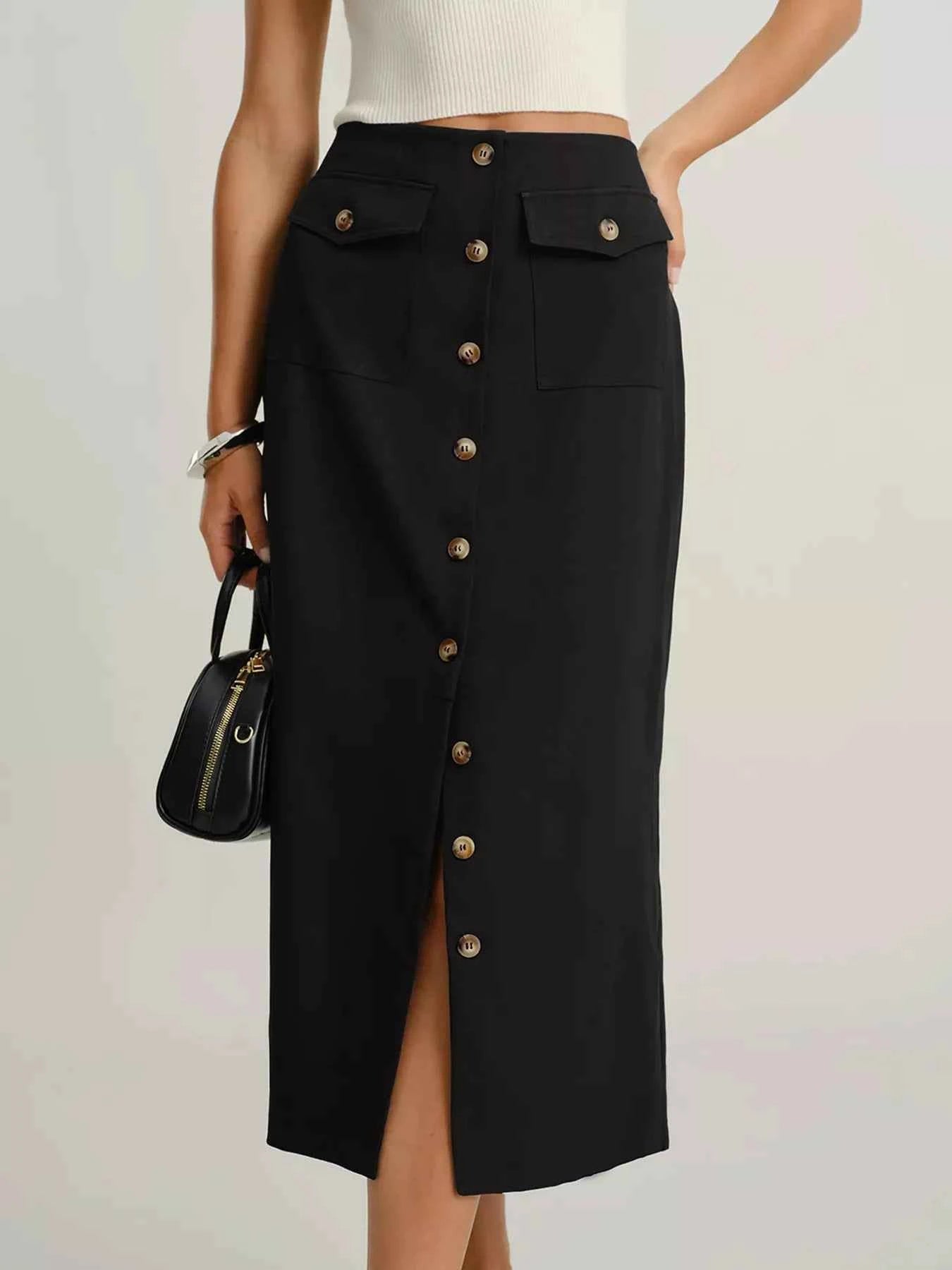 Button-Front Midi Skirt with Pockets