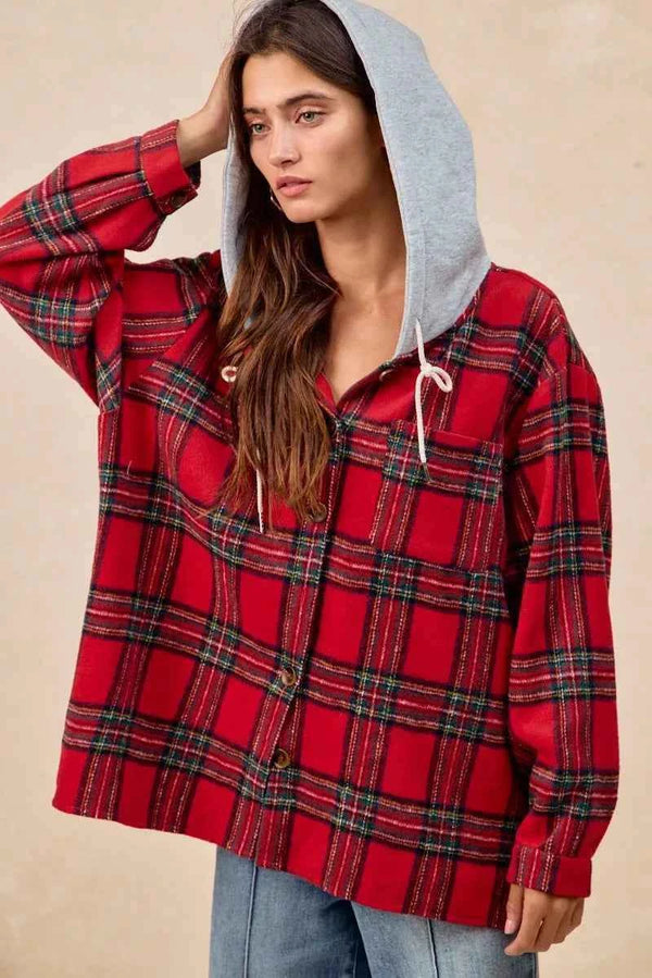 BiBi Brushed Plaid Hooded Jacket