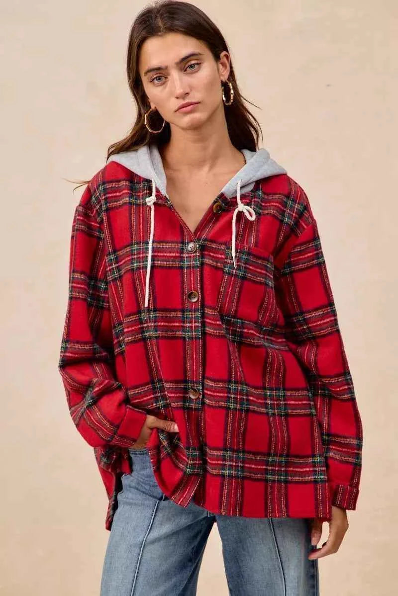 BiBi Brushed Plaid Hooded Jacket