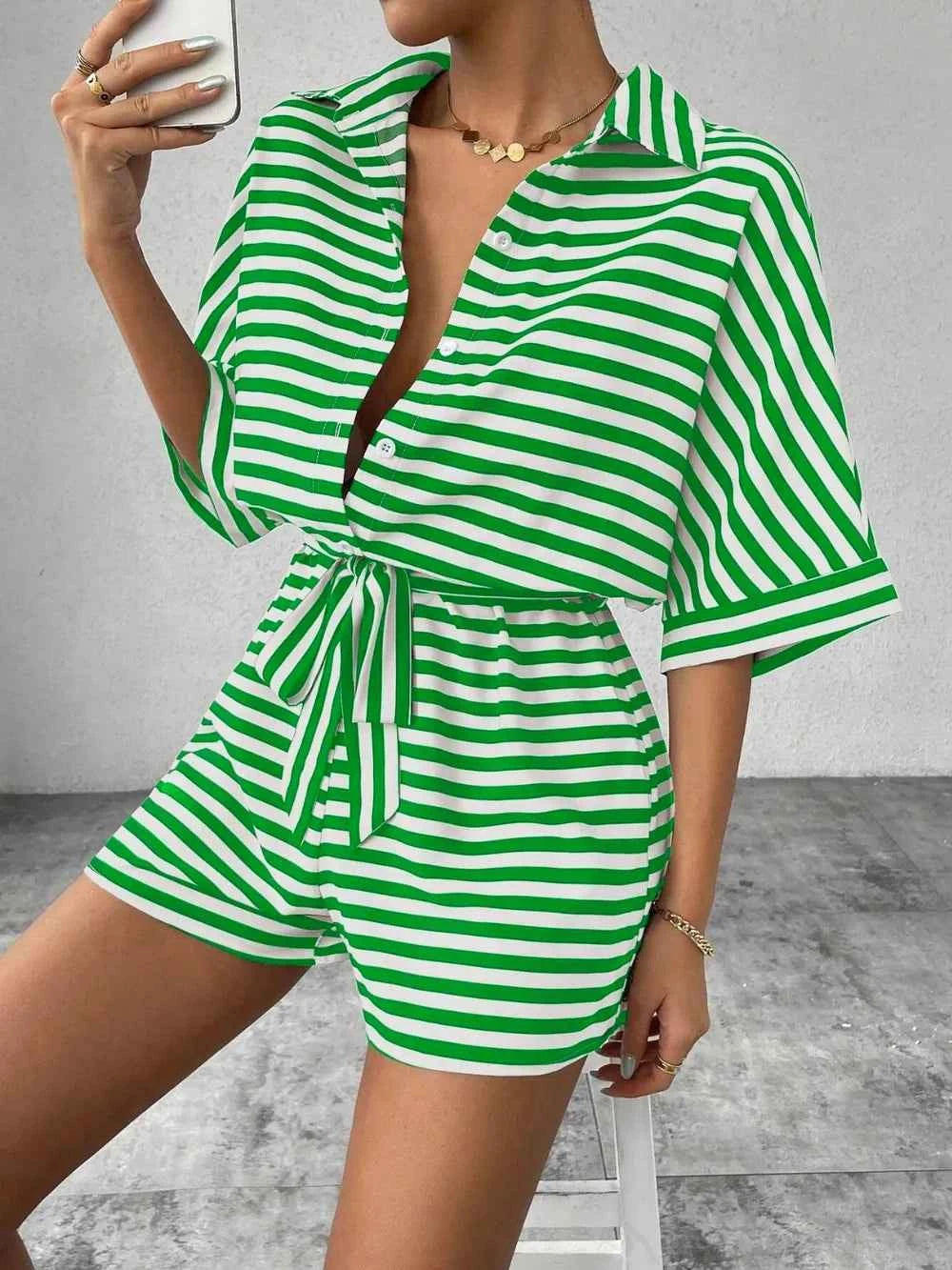Tie Waist Half Button Striped Romper
