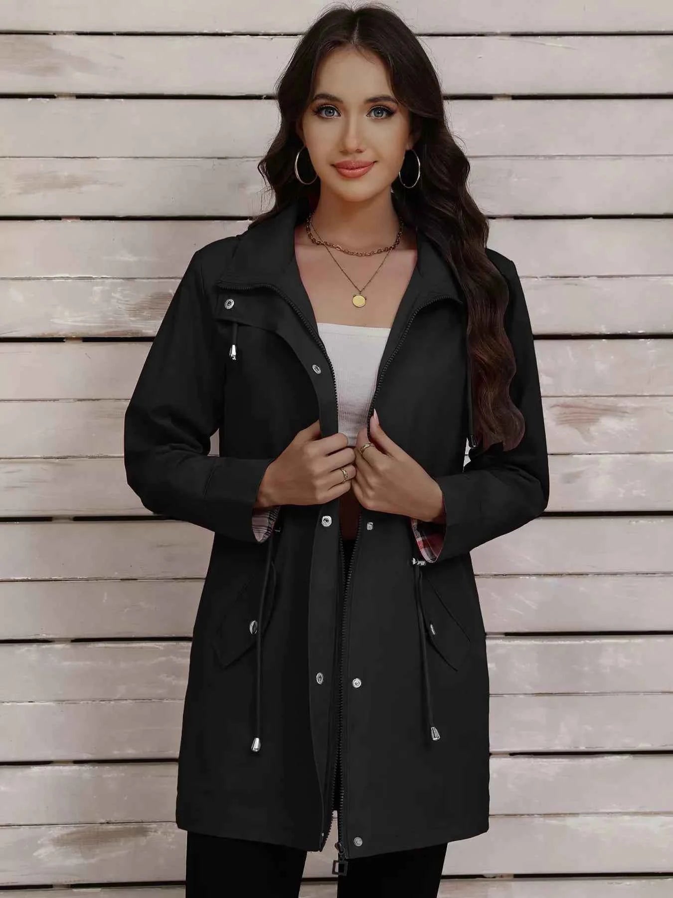 Drawstring Snap-Down Trench Coat