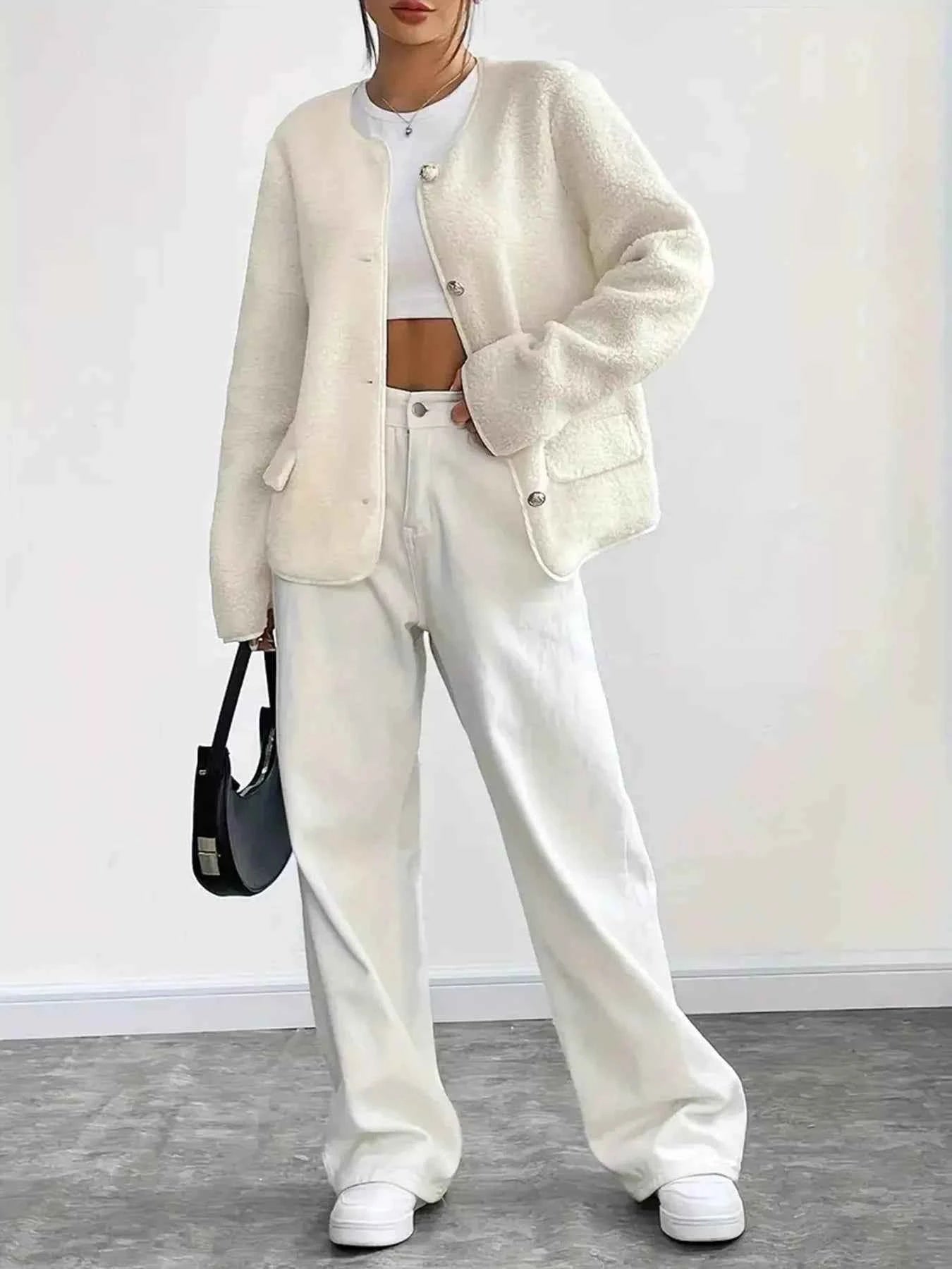 Full Size Textured Button-Up Fleece Outerwear Plus Size