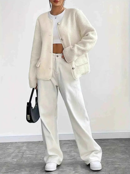 Full Size Textured Button-Up Fleece Outerwear Plus Size