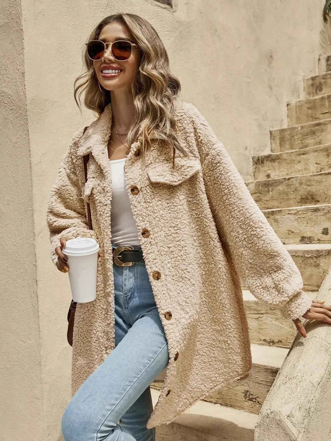 Full Size Fuzzy Fleece Longline Coat Plus Size