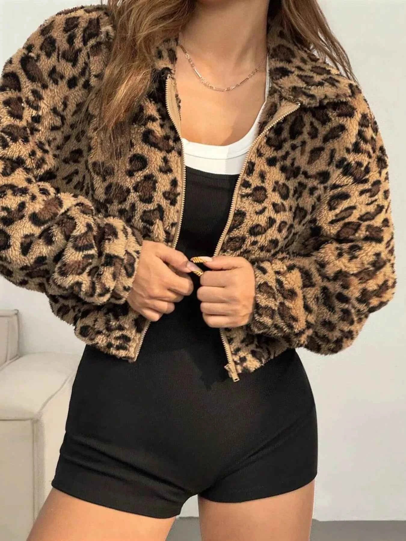 Leopard Print Fuzzy Cropped Jacket - Trendy Leopard Print Cropped Jacket for Fashion-forward Outfits
