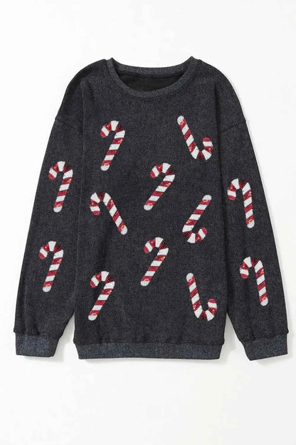 Sequin Candy Cane Sweatshirt for Festive Comfort and Style