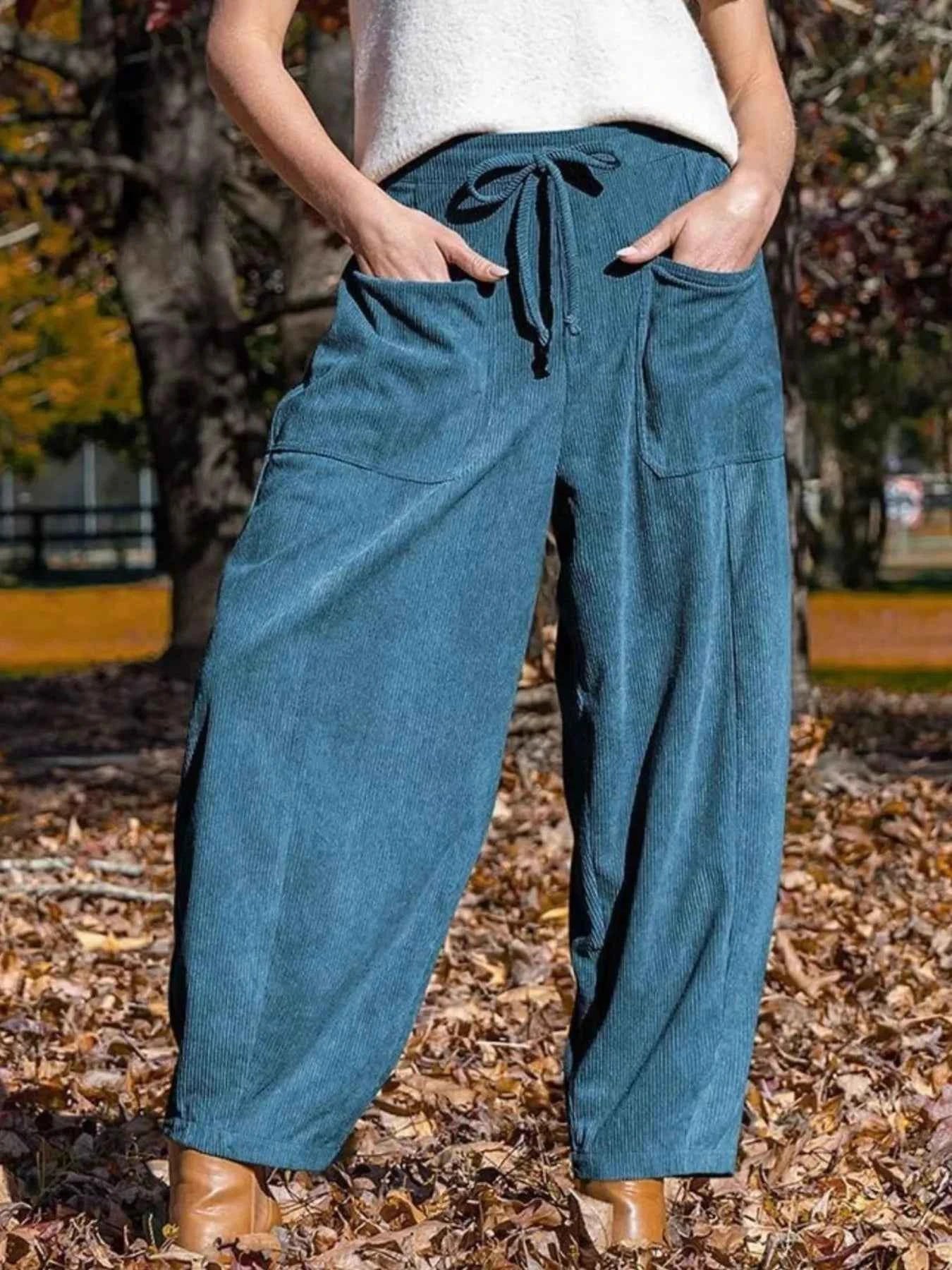 Casual Corduroy Wide Leg Pants with Pockets