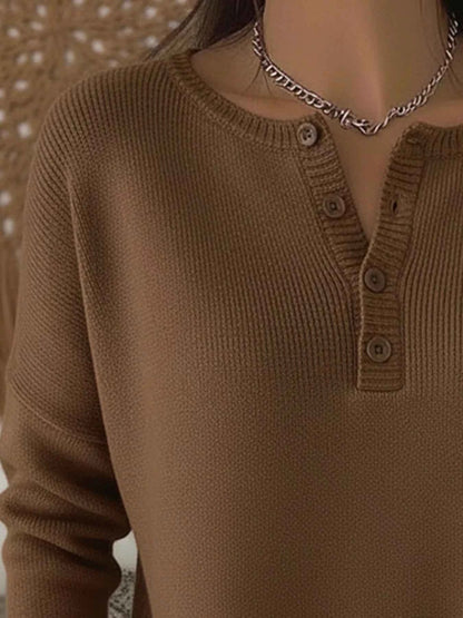 Full Size Plus Size Button Knit Top - Long Sleeve Half Button Style