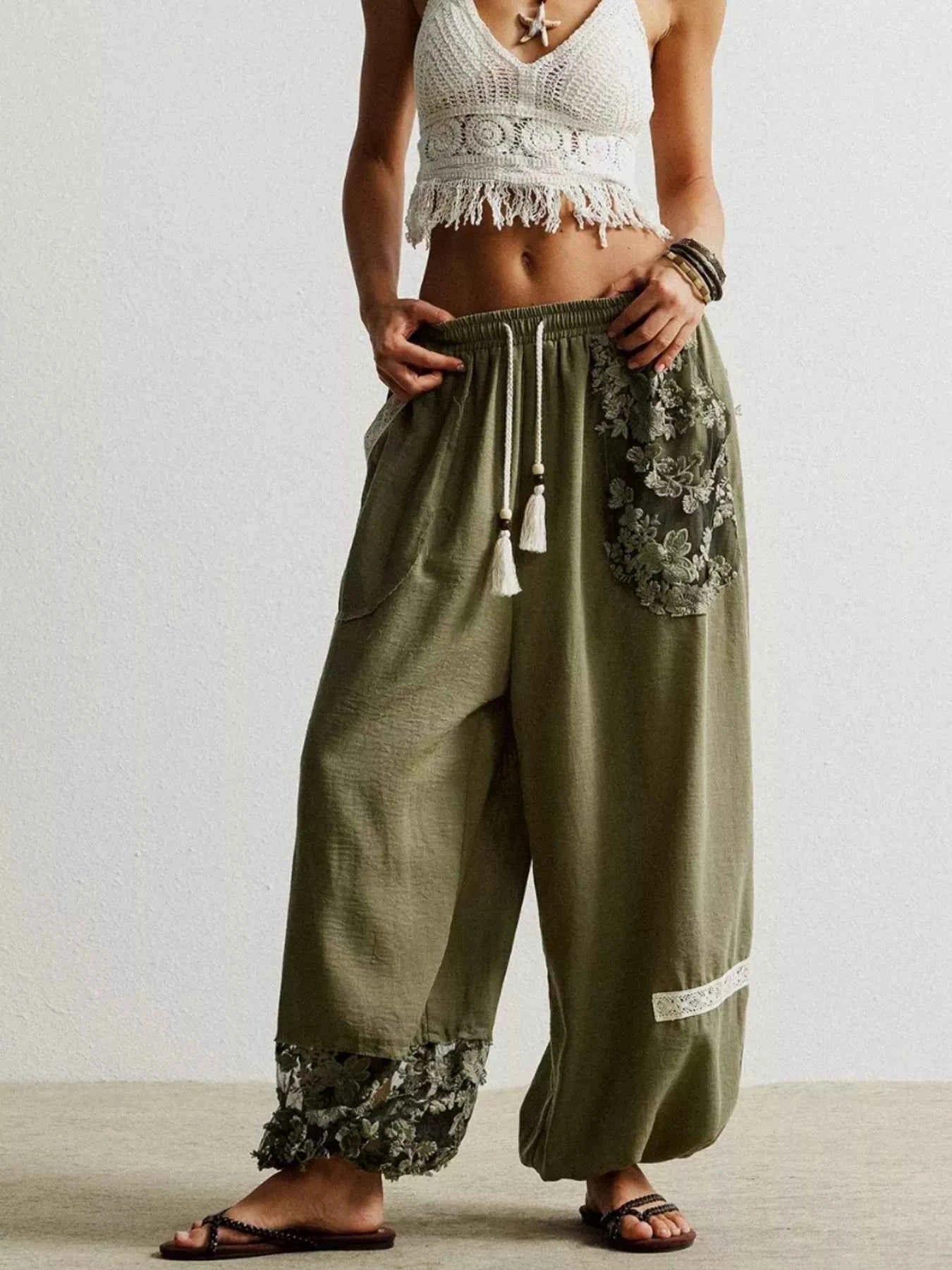 Lace Detail Drawstring Harem Pants
