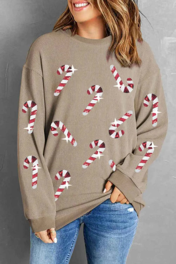 Sequin Candy Cane Sweatshirt for Festive Comfort and Style