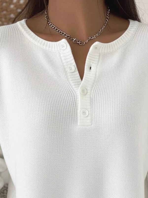 Full Size Plus Size Button Knit Top - Long Sleeve Half Button Style