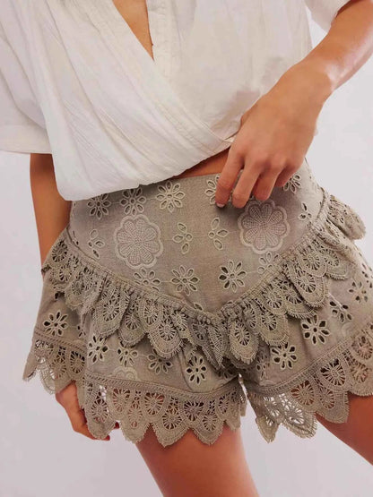 Lace Eyelet Ruffle Hem Shorts