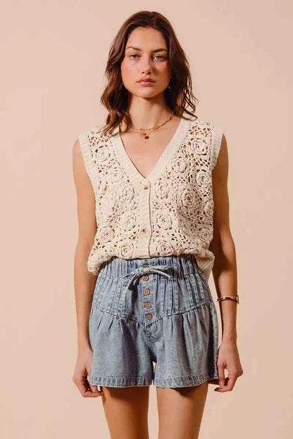 SO ME Flared Denim Shorts with Elasticized Waist