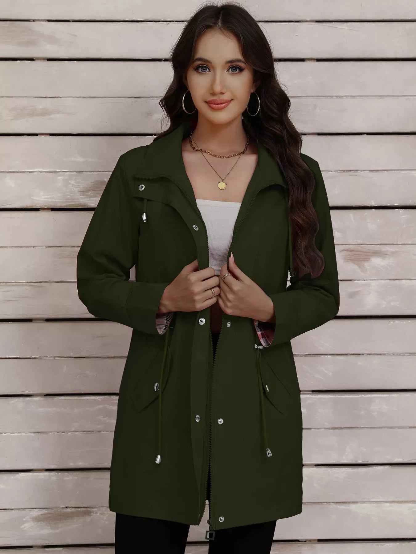 Drawstring Snap-Down Trench Coat