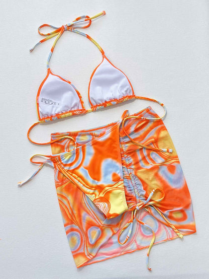 Multicolored Three-Piece Swim Set for Women - Drawstring Ruched Design
