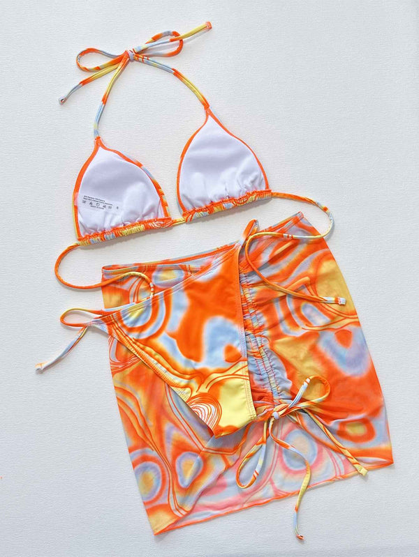 Multicolored Three-Piece Swim Set for Women - Drawstring Ruched Design