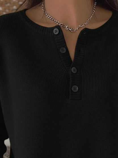 Full Size Plus Size Button Knit Top - Long Sleeve Half Button Style