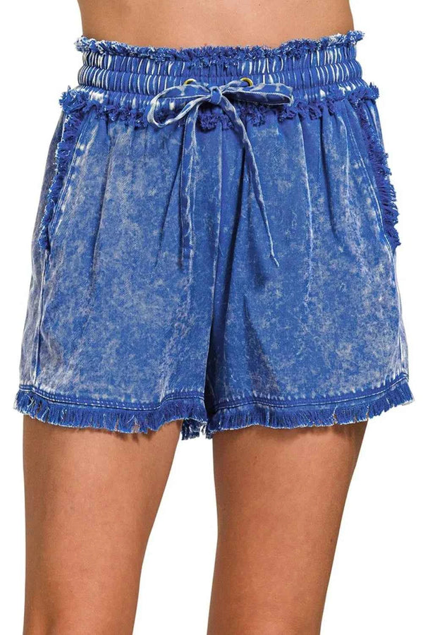 Zenana Frayed Hem Shorts for Trendy Summer Style in Washed Denim