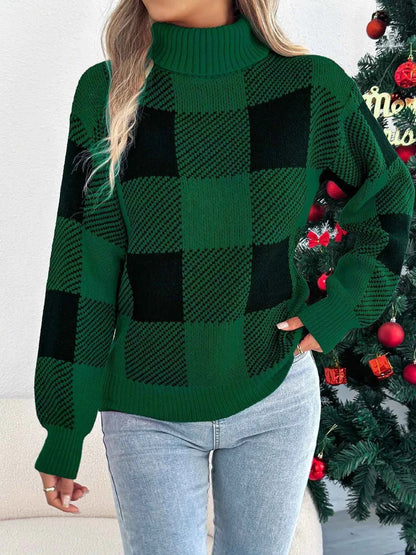 Christmas Plaid Turtleneck Sweater for Festive Comfort and Style