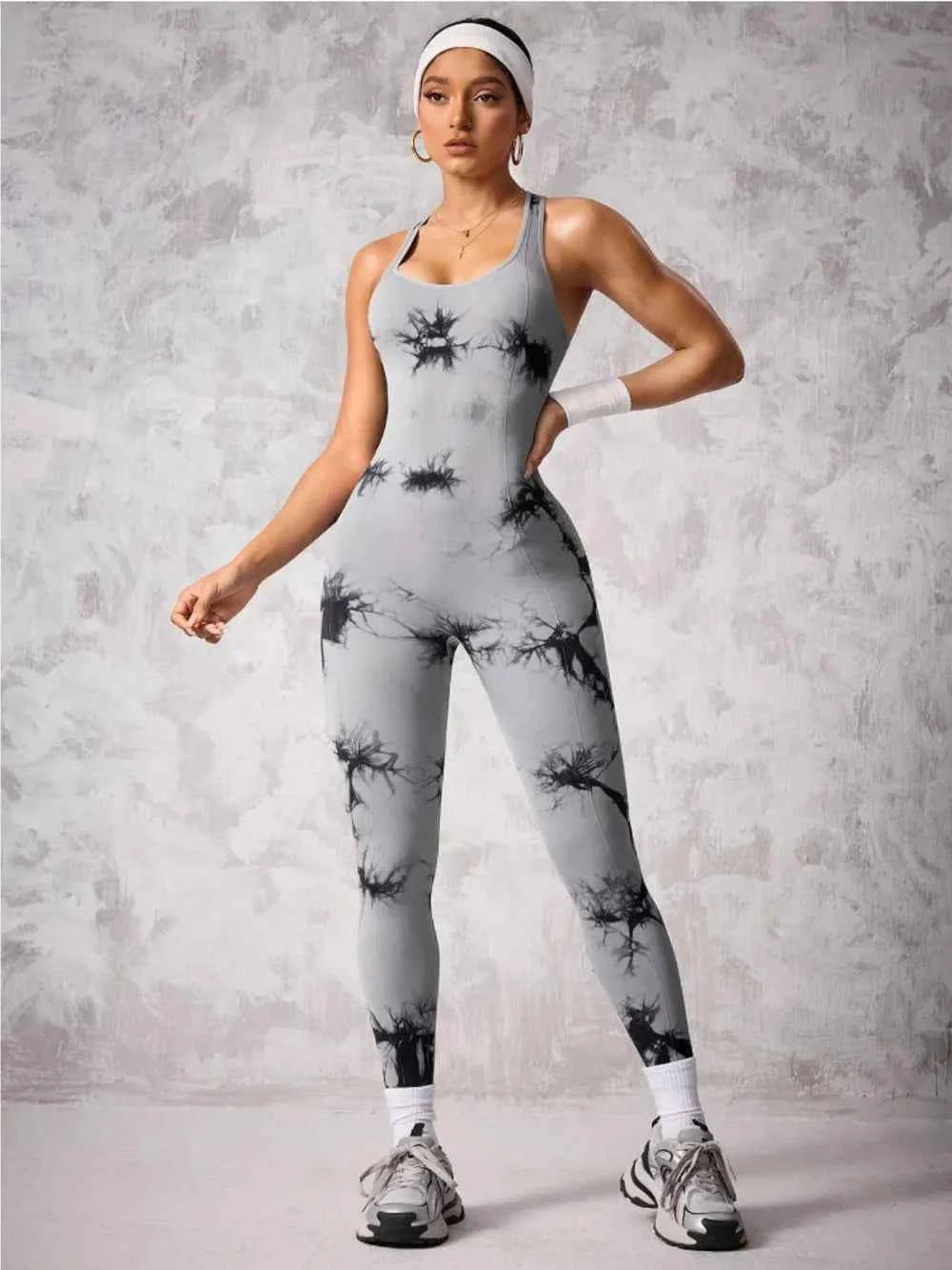 Back Crisscross Tie-Dye Scoop Neck Active Jumpsuit