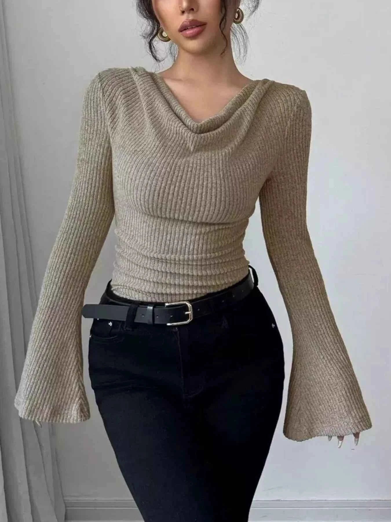 Cowl Neck Flare Sleeve Top