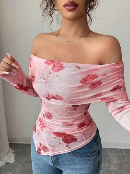 Floral Print Off-Shoulder Mesh Top