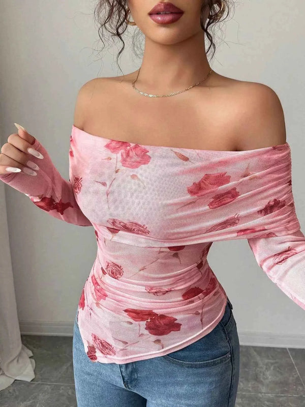 Floral Print Off-Shoulder Mesh Top