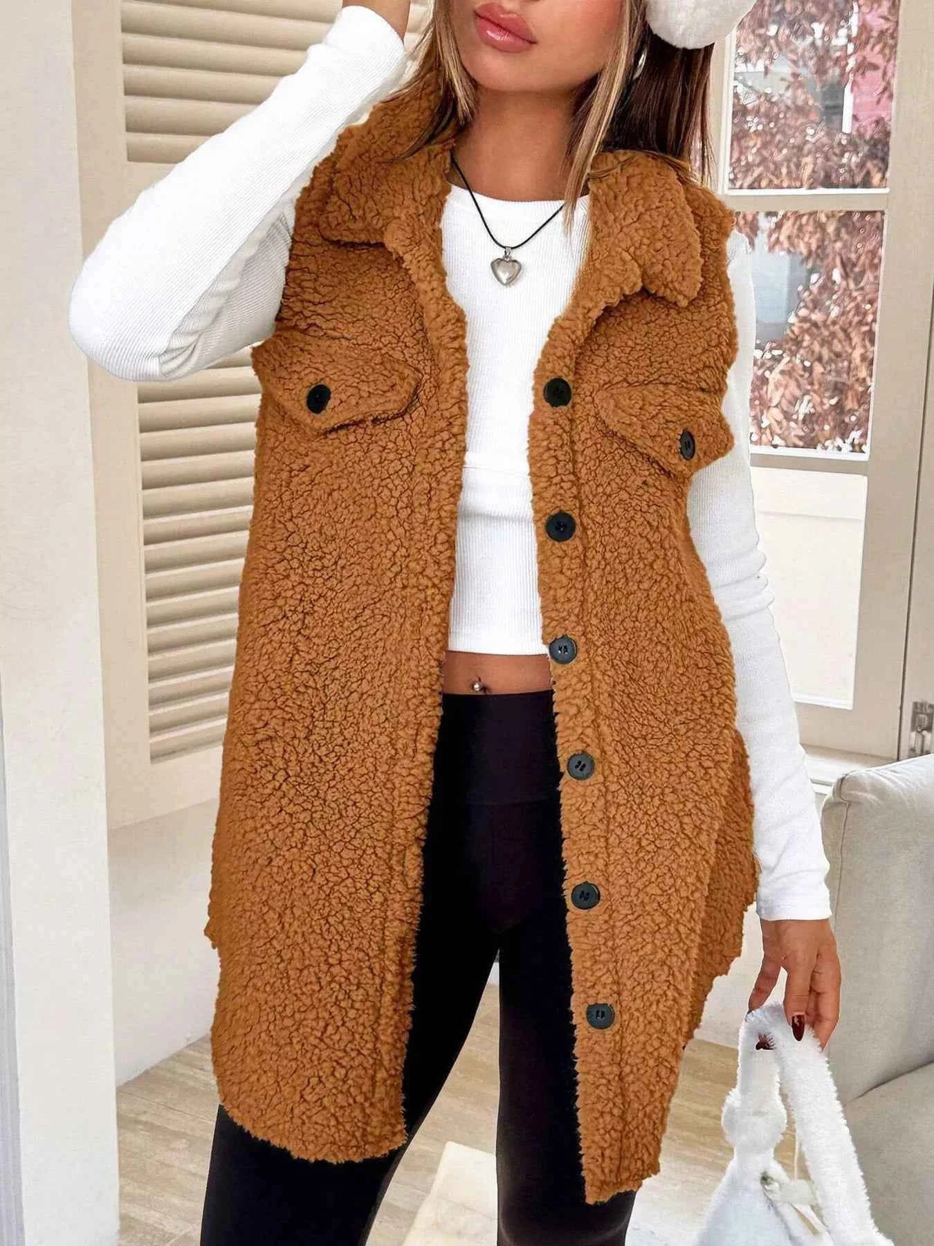 Button-Down Sherpa Fleece Vest Coat