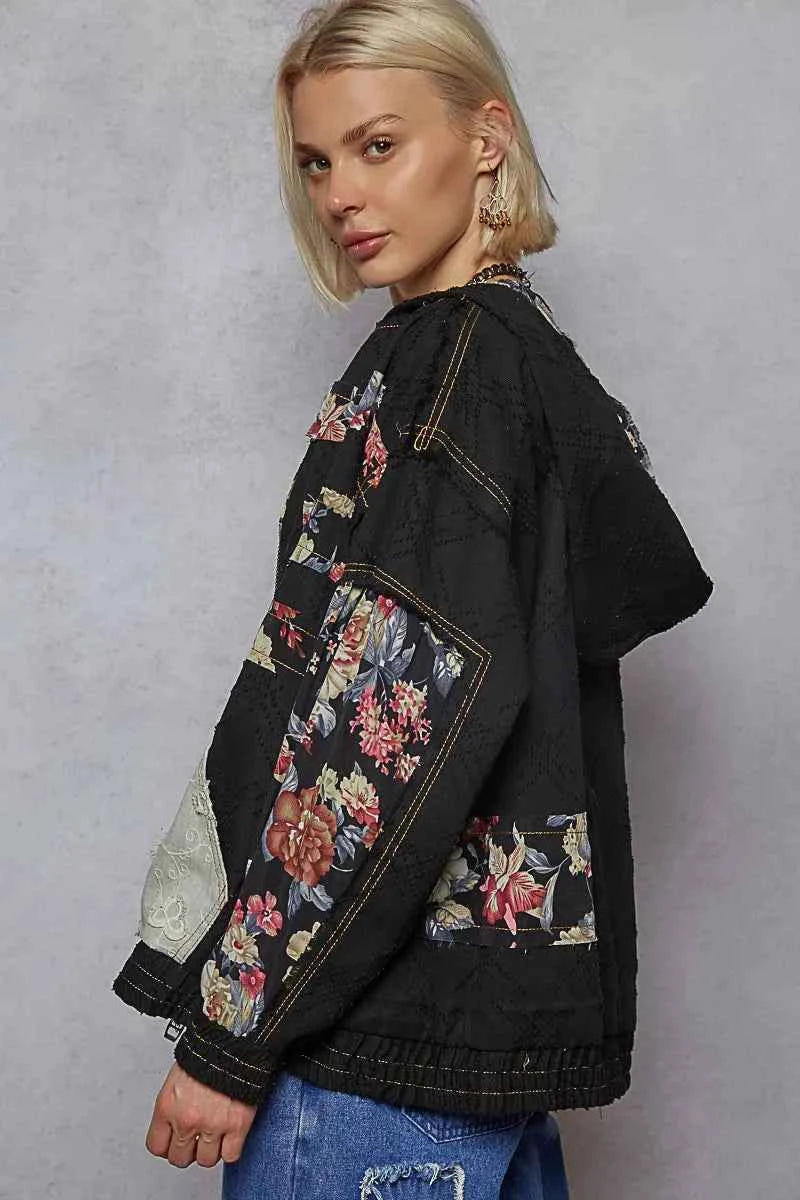 POL Zip Up Floral and Lace Patch Washed Jacket