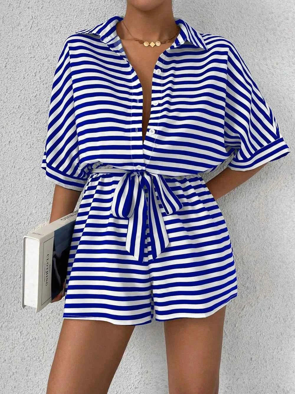 Tie Waist Half Button Striped Romper