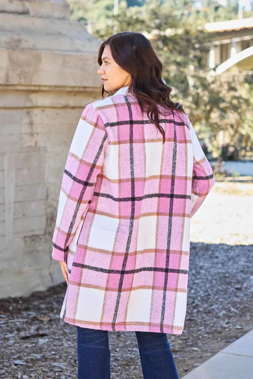 Double Take Full Size Plaid Button Up Lapel Collar Coat