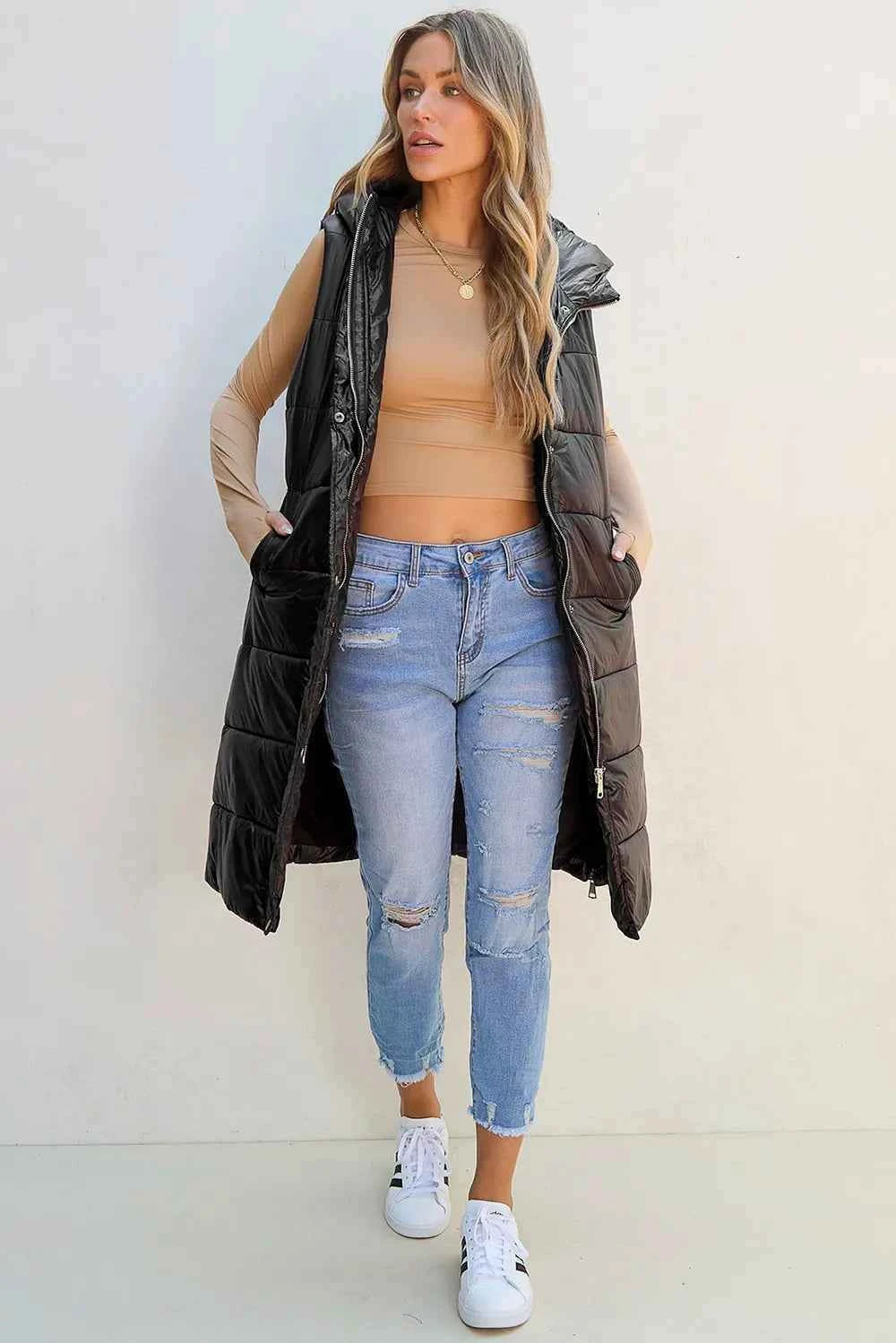 Longline Hooded Sleeveless Puffer Vest