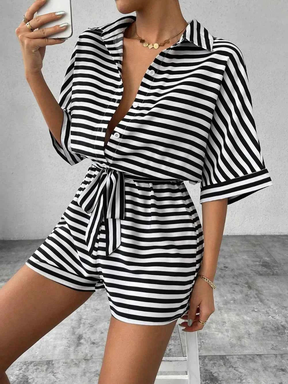 Tie Waist Half Button Striped Romper