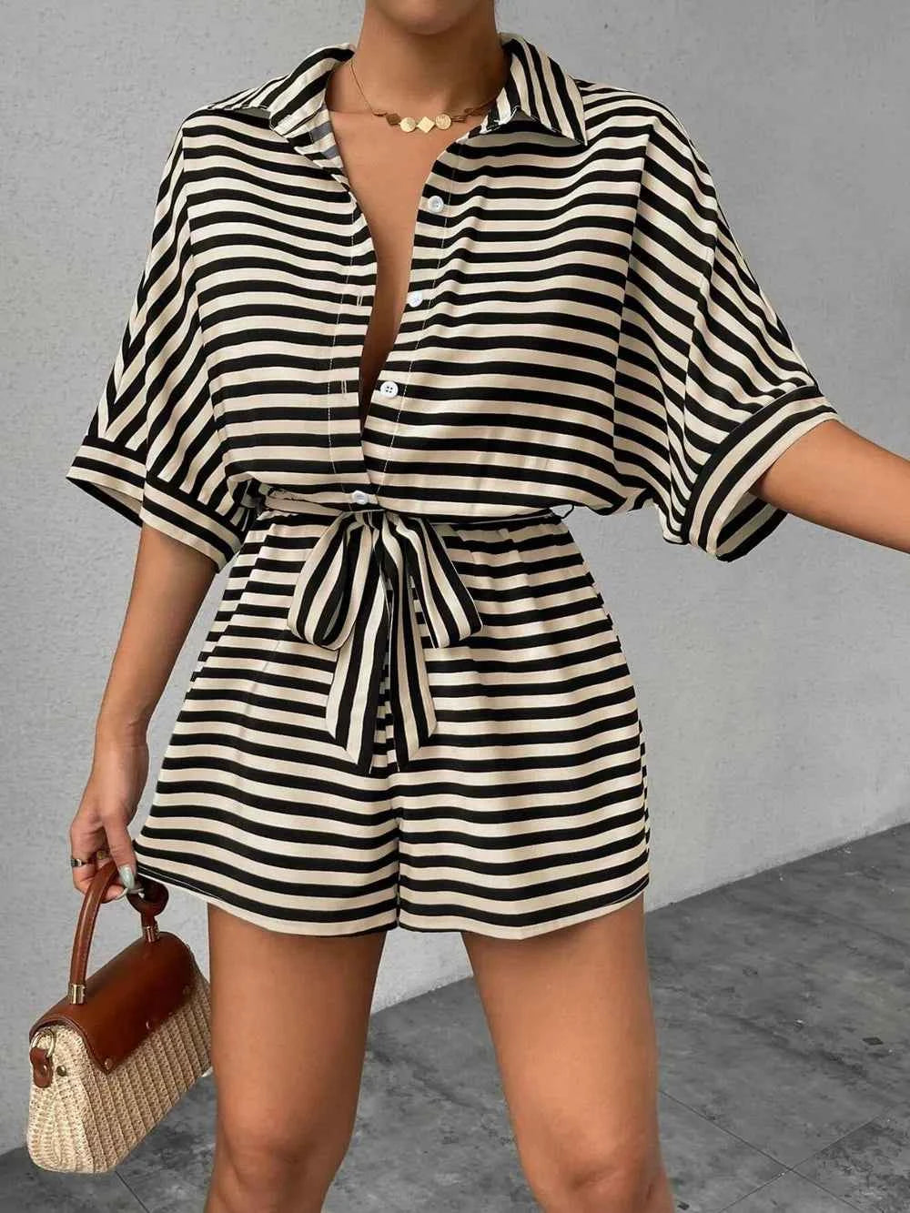 Tie Waist Half Button Striped Romper